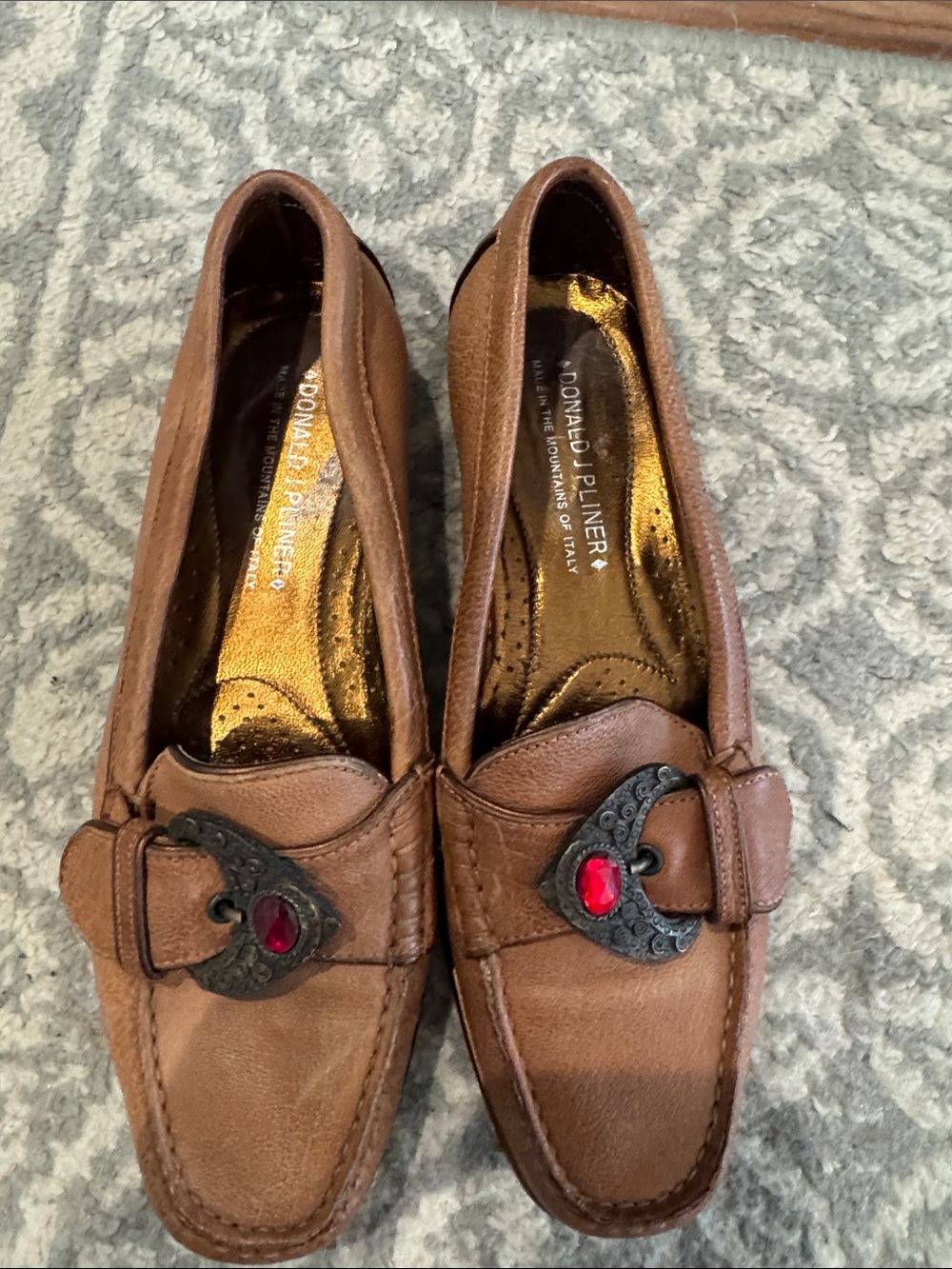 Donald J. Pliner Brown Leather Loafers with Red Accent Gem
